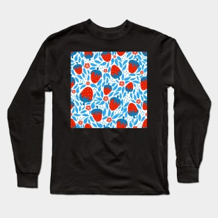 strawberry seamless pattern with blue and red colors Long Sleeve T-Shirt